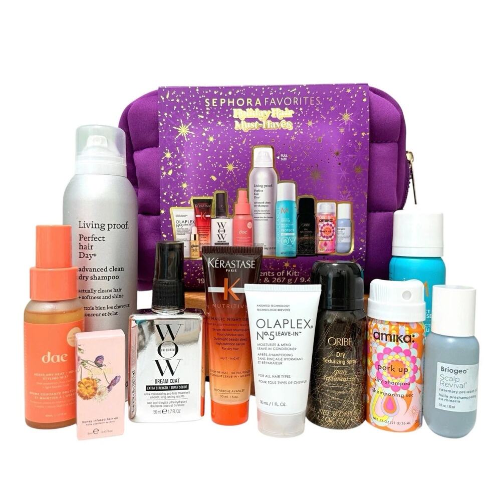 NWT SEPHORA FAVORITES Holiday Hair Gift Set 10 Pcs Kit w/Makeup Bag Dry Shampoo